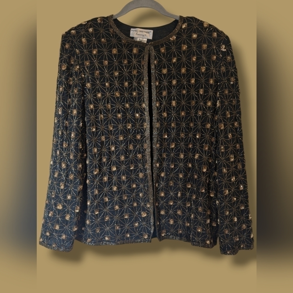 Adrianna Papell Boutique Vintage Beaded Sequins 100% Silk Jacket Evening Glam
